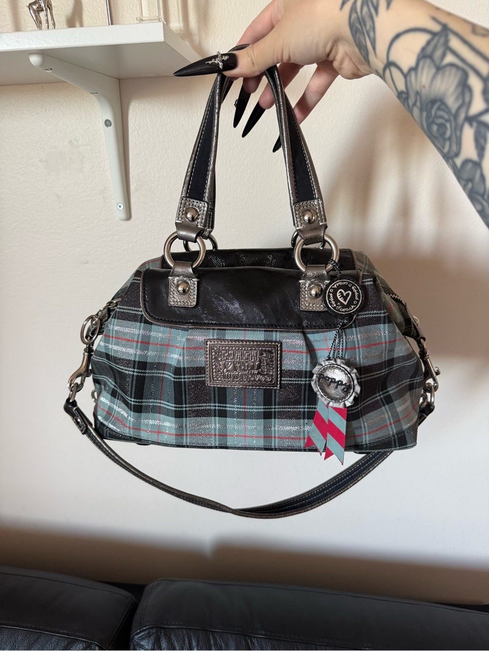 Coach Plaid Shoulder Bag in Black, Gray and Teal with Pink Accent